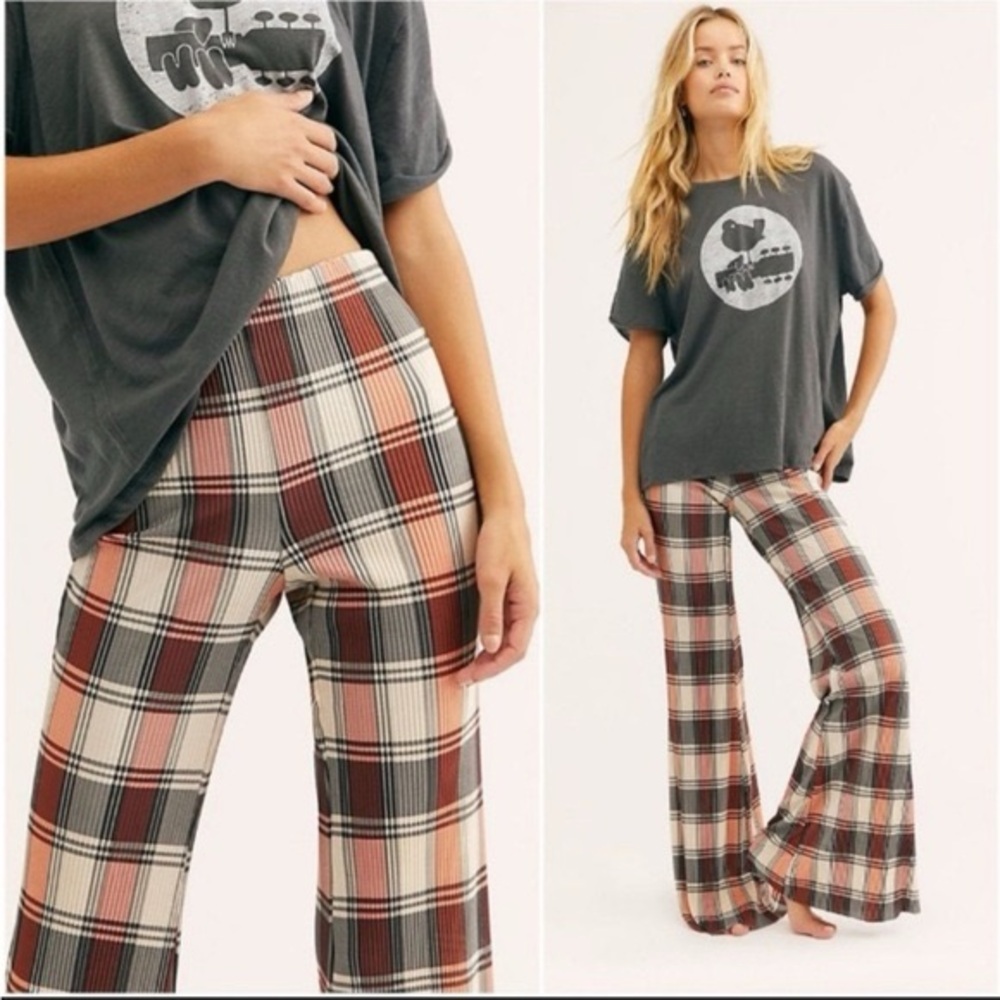 Free People Plaid Boot-Cut Flare Pants in Rust, Cream & Black